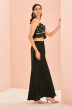 Black Art Silk Cutdana Work Crop Top Palazzo Set - black silk saree