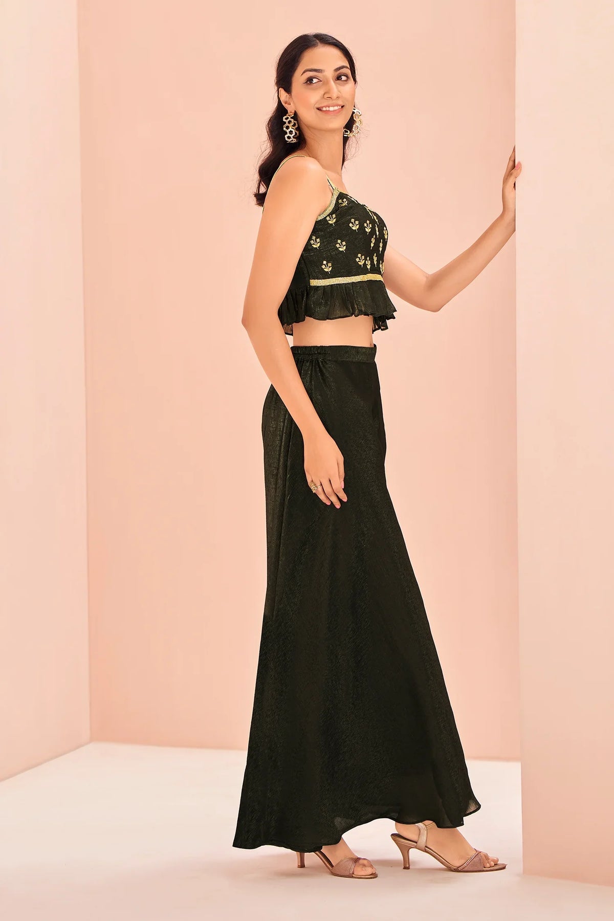 Black Art Silk Cutdana Work Crop Top Palazzo Set - black silk saree