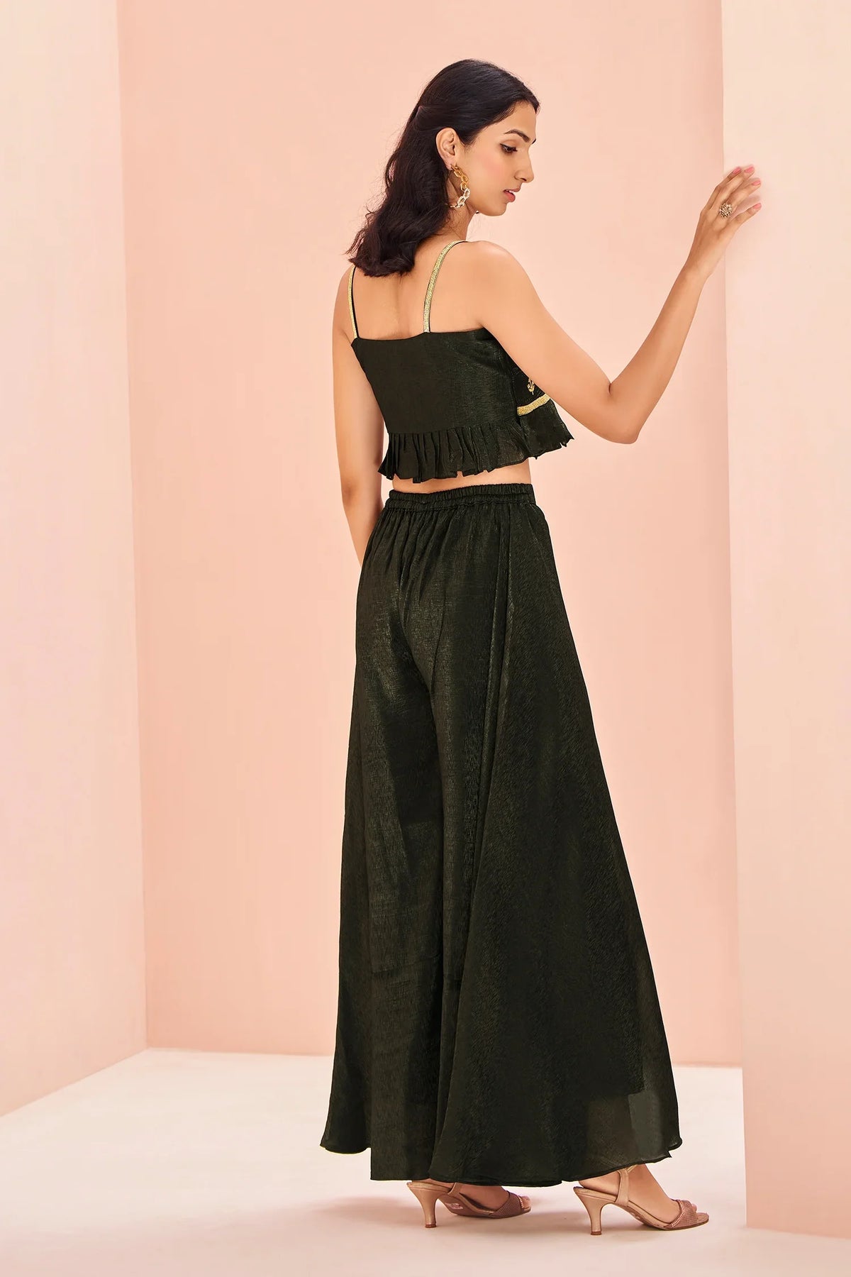 Black Art Silk Cutdana Work Crop Top Palazzo Set - black silk saree