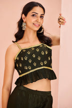 Black Art Silk Cutdana Work Crop Top Palazzo Set - black silk saree