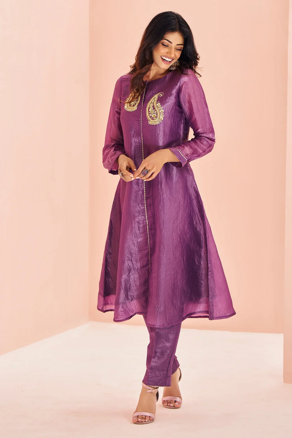 Lilac Purple Organza Beaded and Cutdana Worked Kurti with Pant - purple organza saree