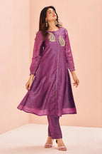 Lilac Purple Organza Beaded and Cutdana Worked Kurti with Pant - purple organza saree