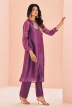 Lilac Purple Organza Beaded and Cutdana Worked Kurti with Pant - purple organza saree