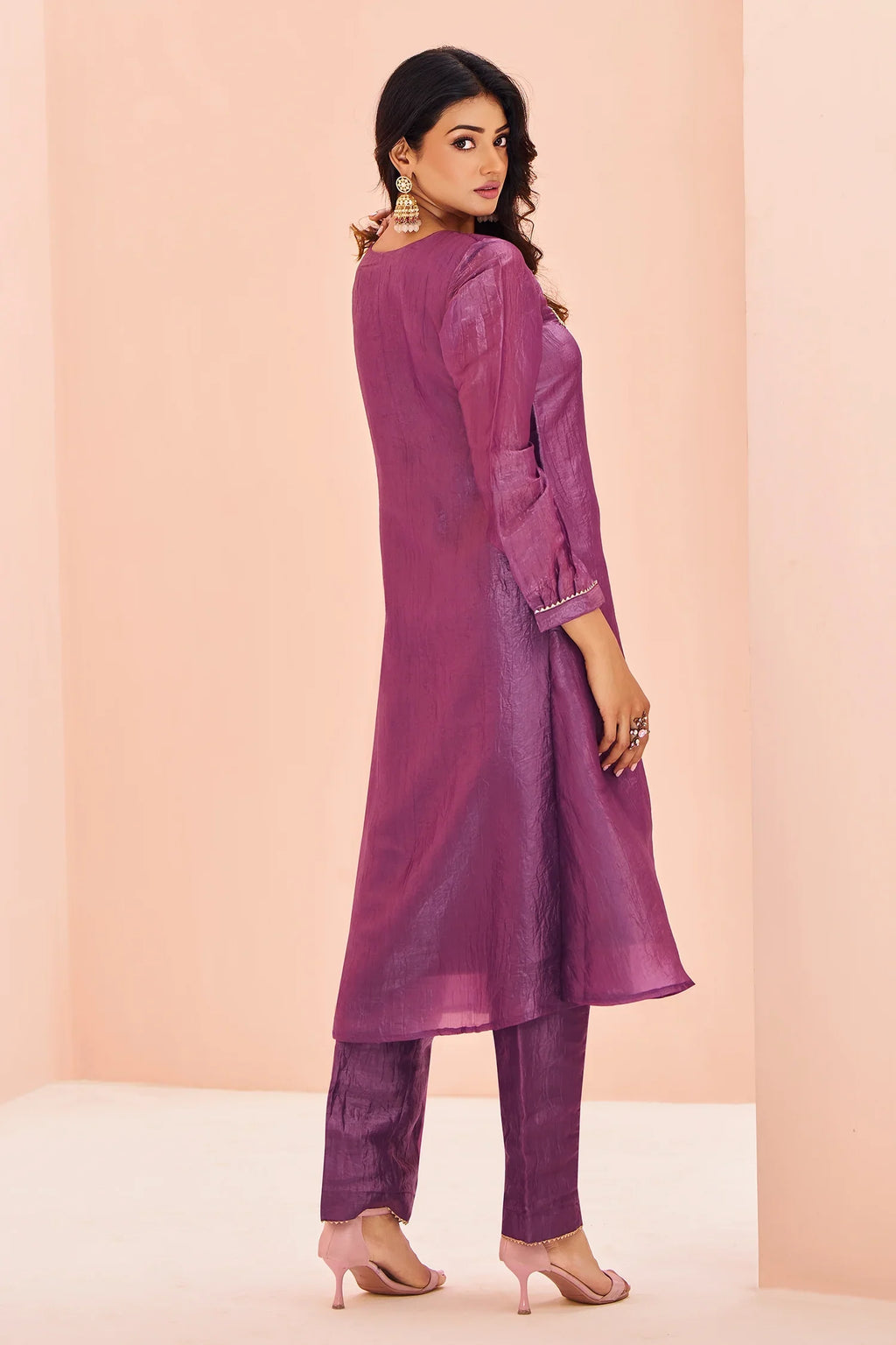 Lilac Purple Organza Beaded and Cutdana Worked Kurti with Pant - purple organza saree