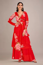 Red Chinon Floral Printed V Neckline Angrakha Style Kurti with Palazzo - red saree