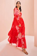 Red Chinon Floral Printed V Neckline Angrakha Style Kurti with Palazzo - red saree