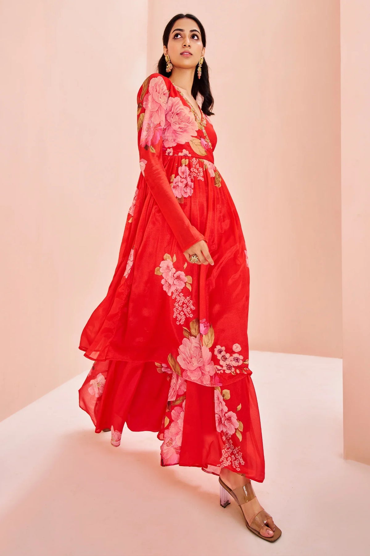 Red Chinon Floral Printed V Neckline Angrakha Style Kurti with Palazzo - red saree