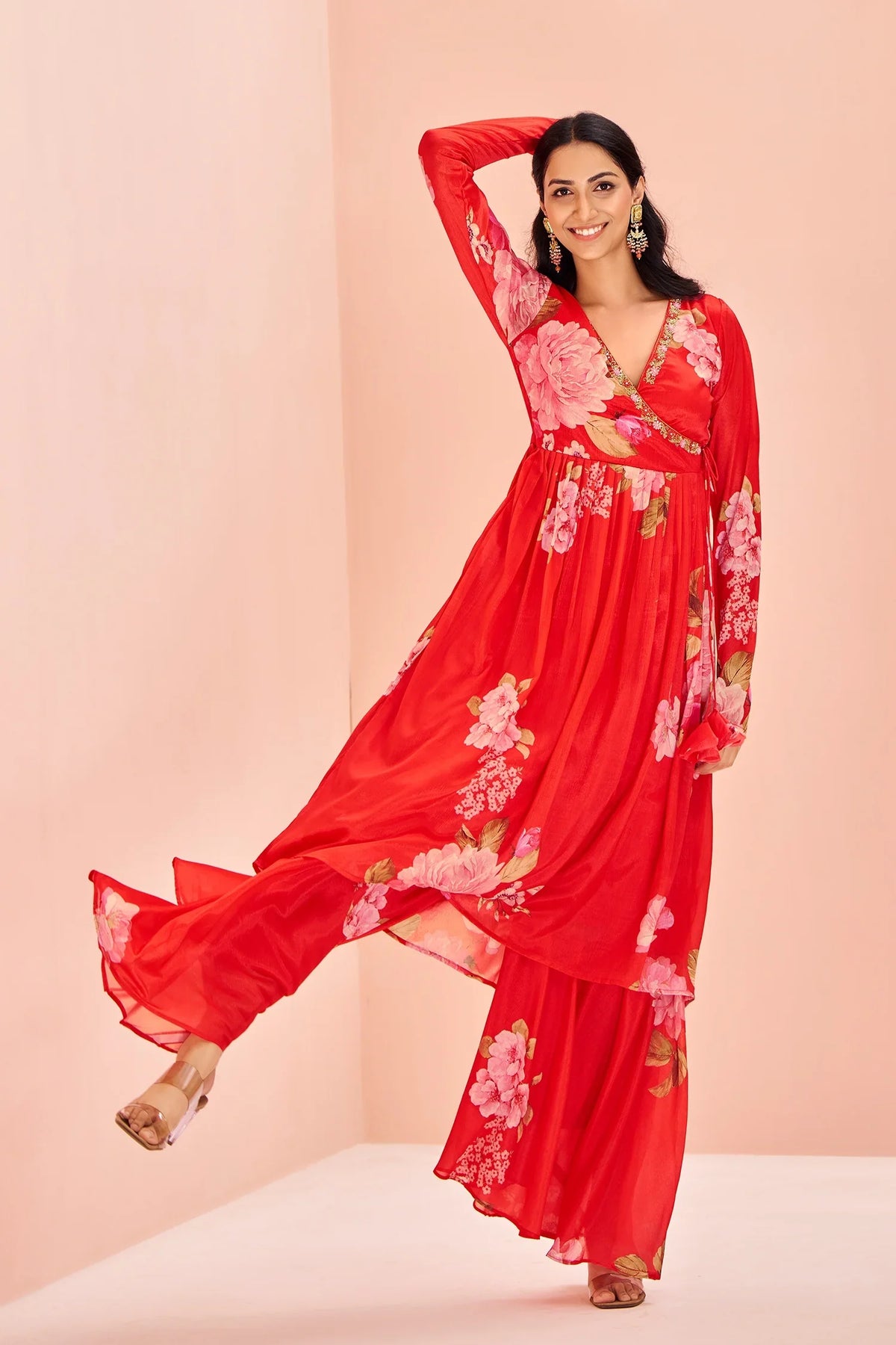 Red Chinon Floral Printed V Neckline Angrakha Style Kurti with Palazzo - red saree