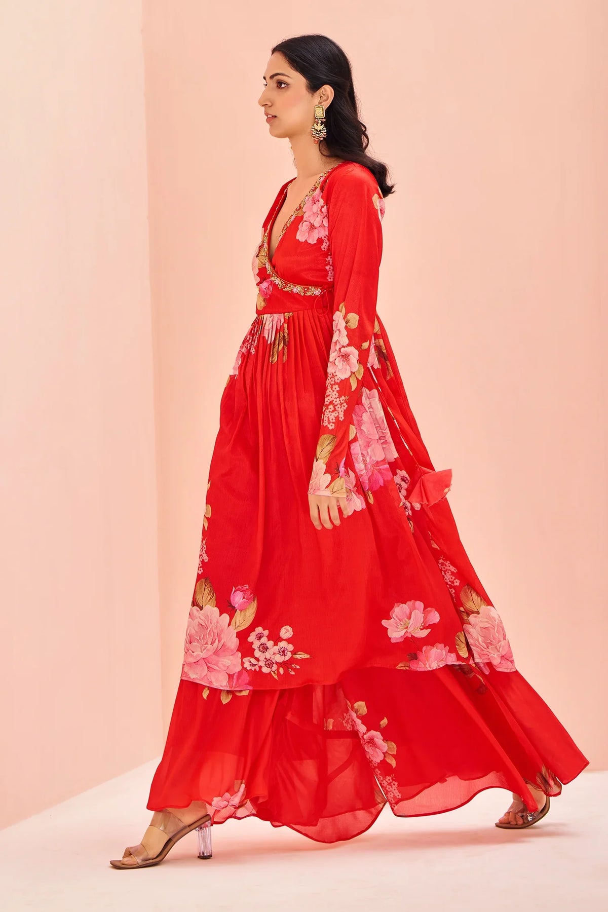 Red Chinon Floral Printed V Neckline Angrakha Style Kurti with Palazzo - red saree