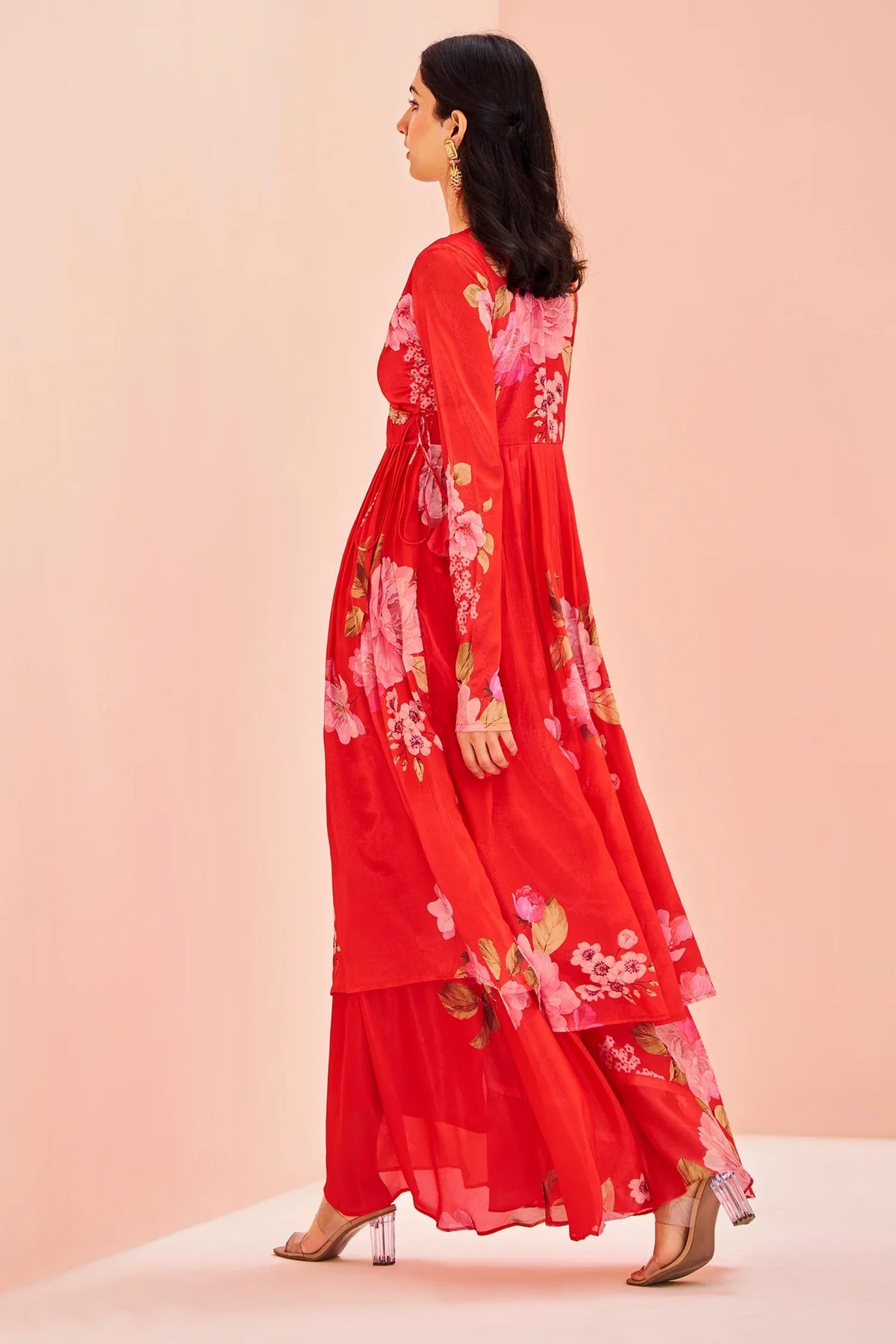 Red Chinon Floral Printed V Neckline Angrakha Style Kurti with Palazzo - red saree