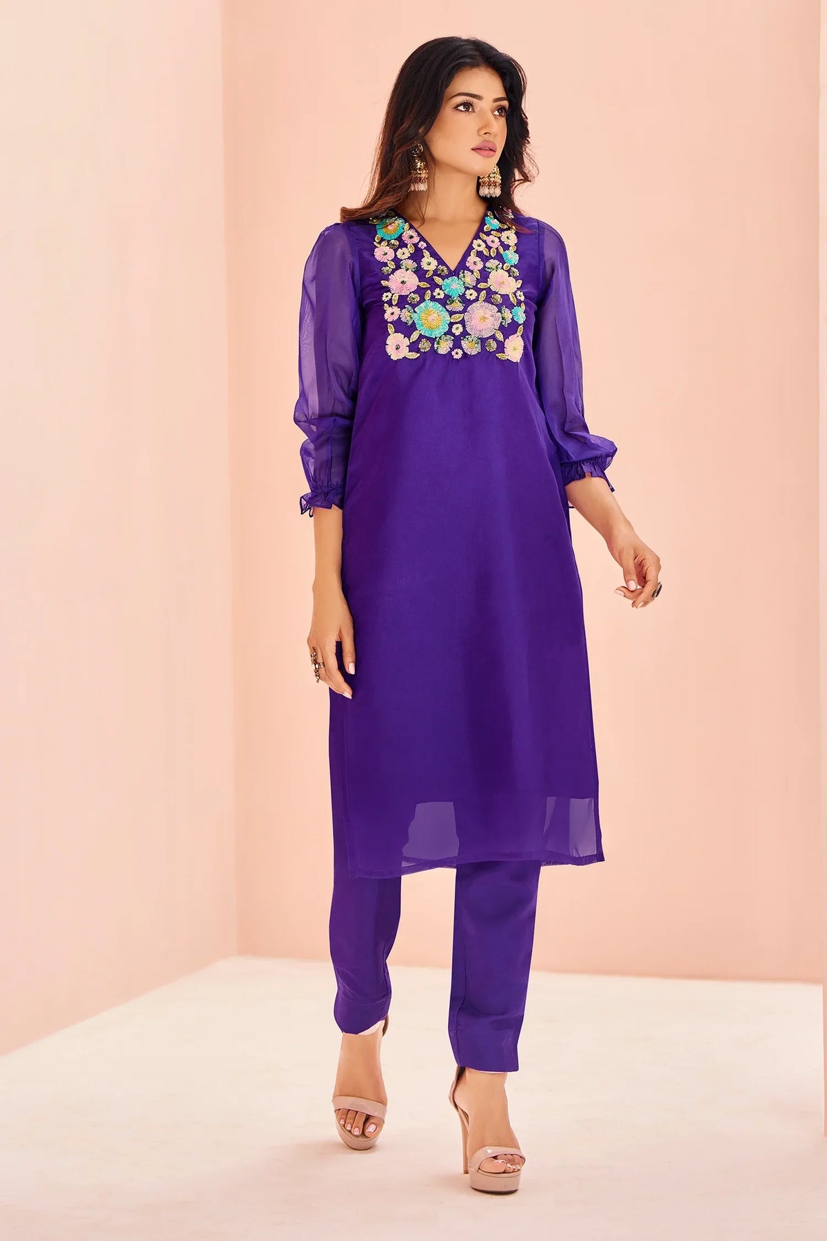Violet Organza Sequinned Kurti with Pant - violet organza saree