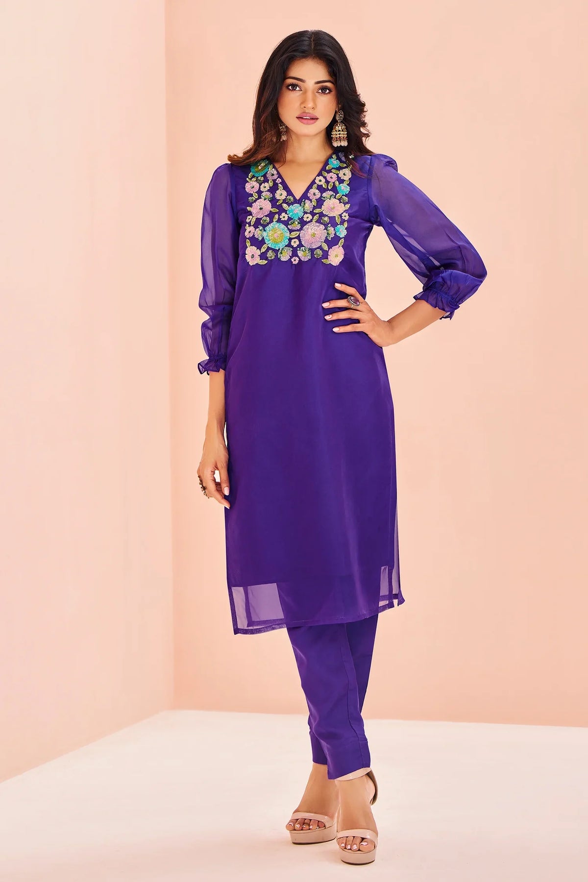 Violet Organza Sequinned Kurti with Pant - violet organza saree