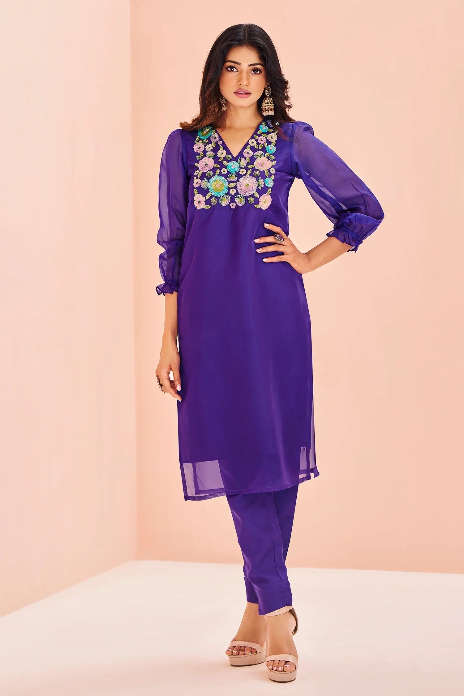 Violet Organza Sequinned Kurti with Pant - violet organza saree