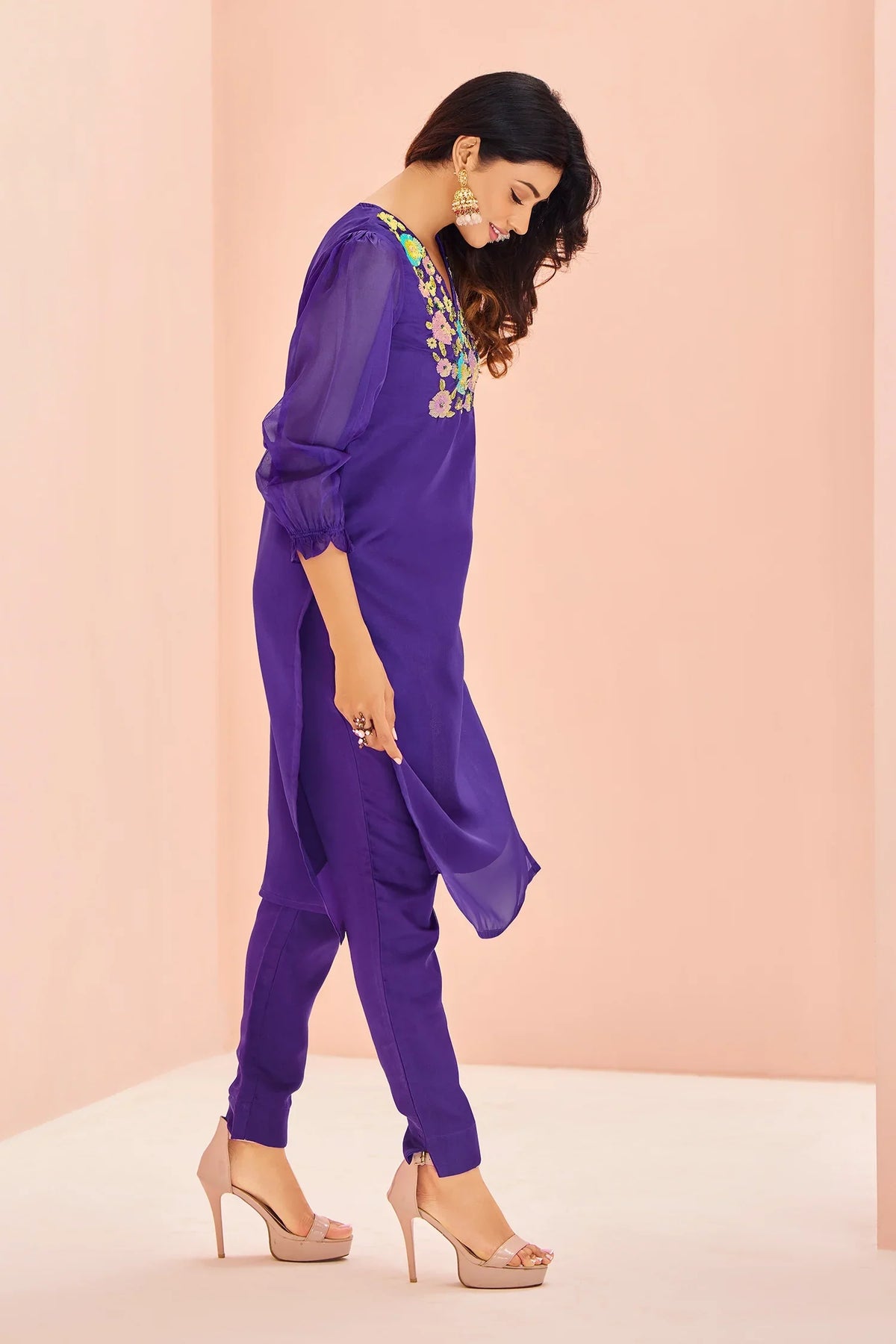 Violet Organza Sequinned Kurti with Pant - violet organza saree