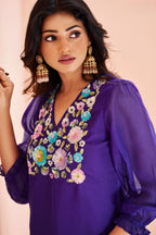 Violet Organza Sequinned Kurti with Pant - violet organza saree