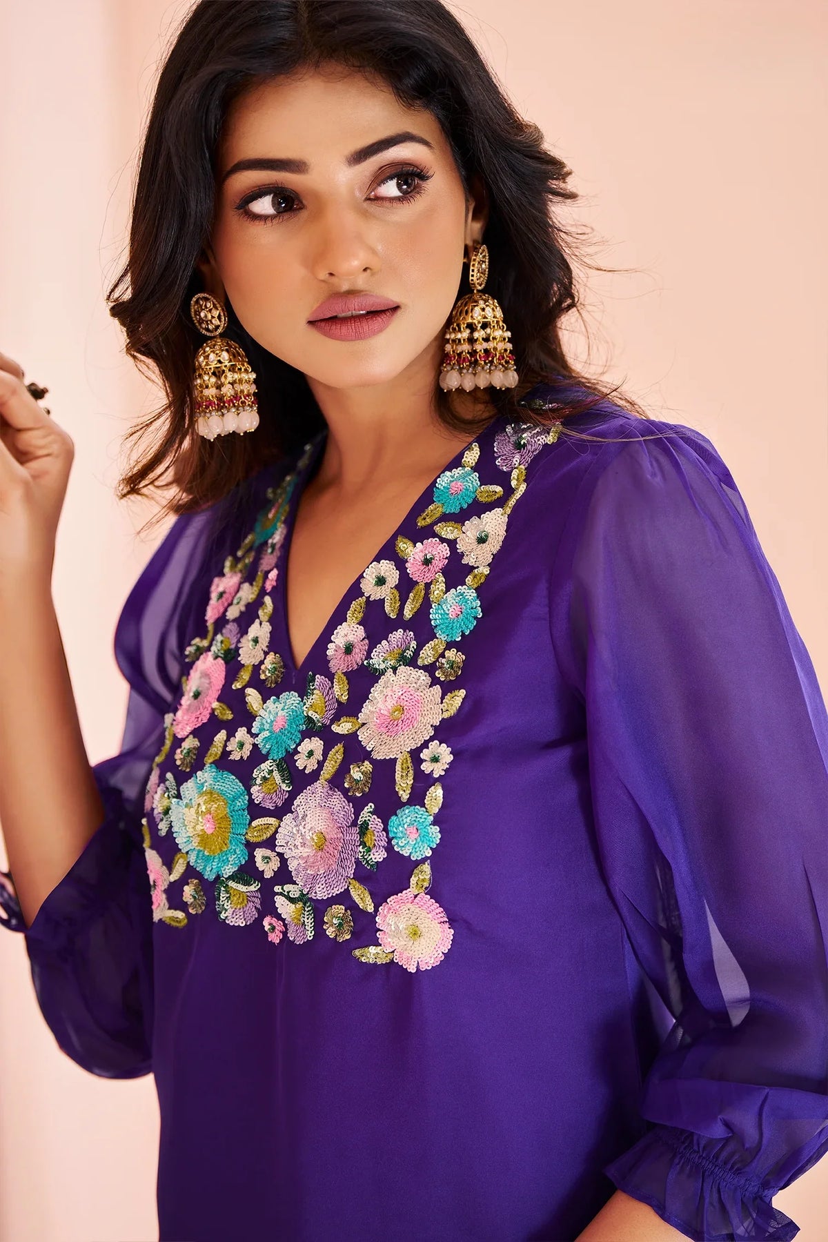 Violet Organza Sequinned Kurti with Pant - violet organza saree