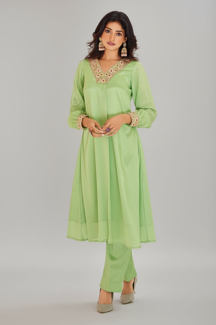 Green Chinon Embroidery Kurti with Pant - green saree embroidery