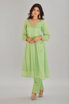 Green Chinon Embroidery Kurti with Pant - green saree embroidery