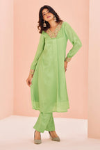 Green Chinon Embroidery Kurti with Pant - green saree embroidery
