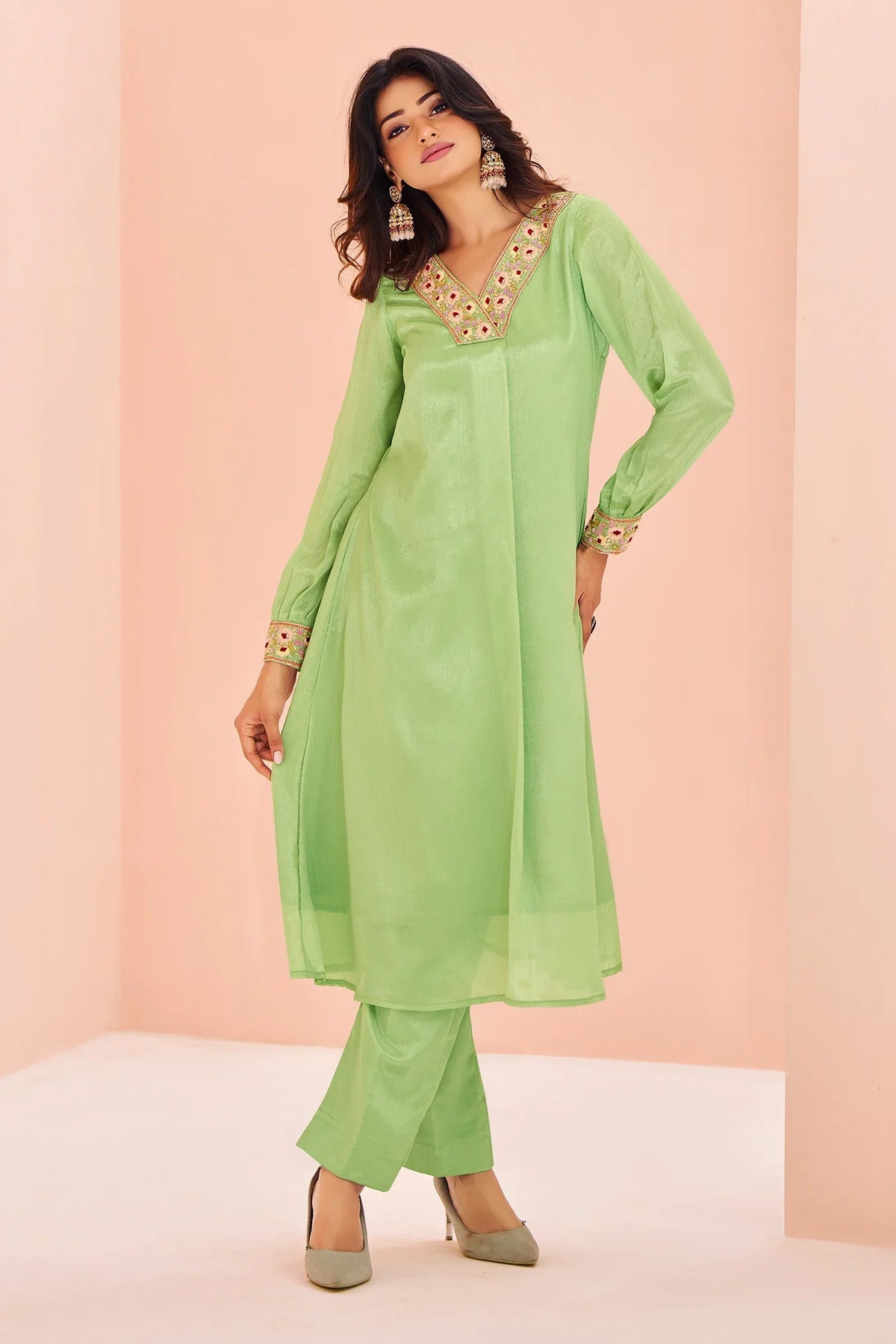 Green Chinon Embroidery Kurti with Pant - green saree embroidery