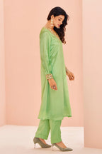 Green Chinon Embroidery Kurti with Pant - green saree embroidery