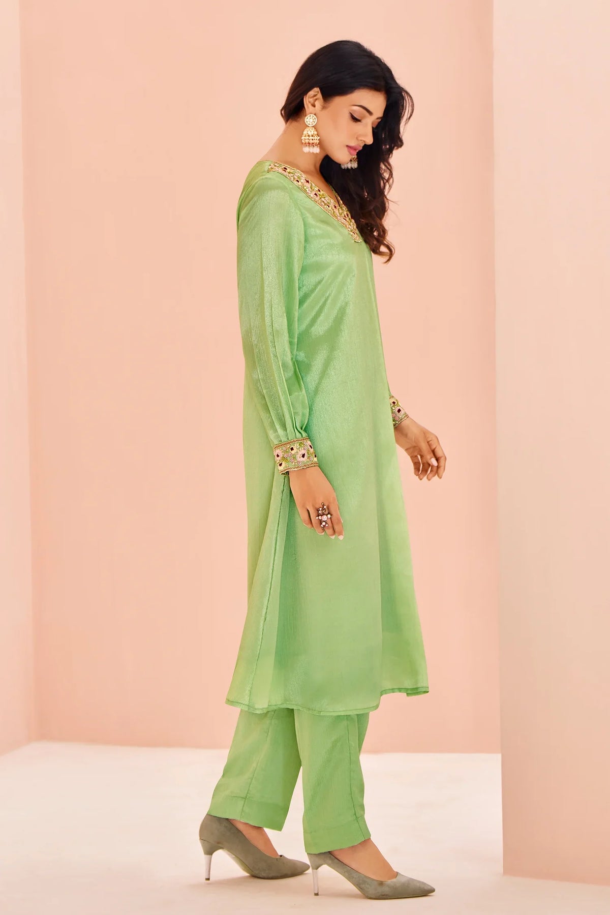 Green Chinon Embroidery Kurti with Pant - green saree embroidery