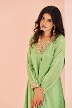 Green Chinon Embroidery Kurti with Pant - green saree embroidery