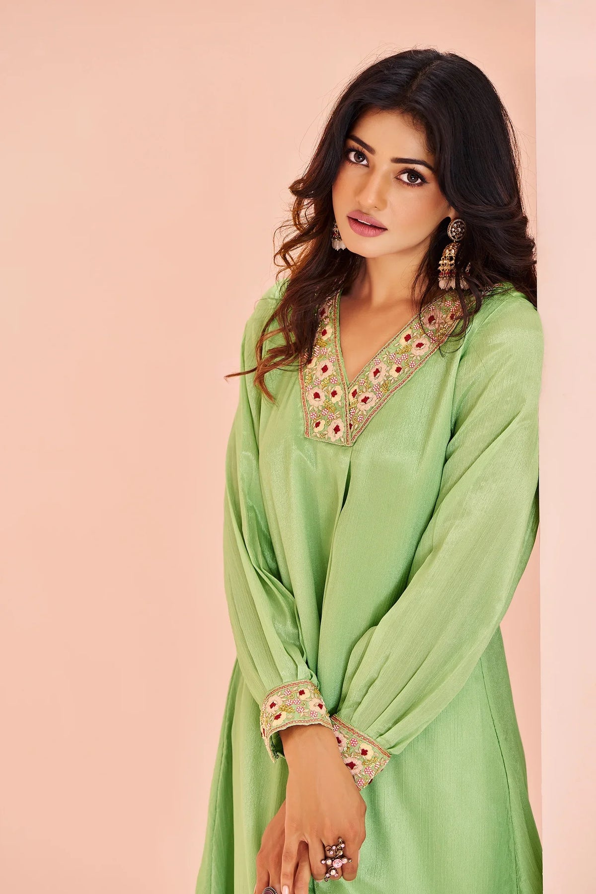 Green Chinon Embroidery Kurti with Pant - green saree embroidery