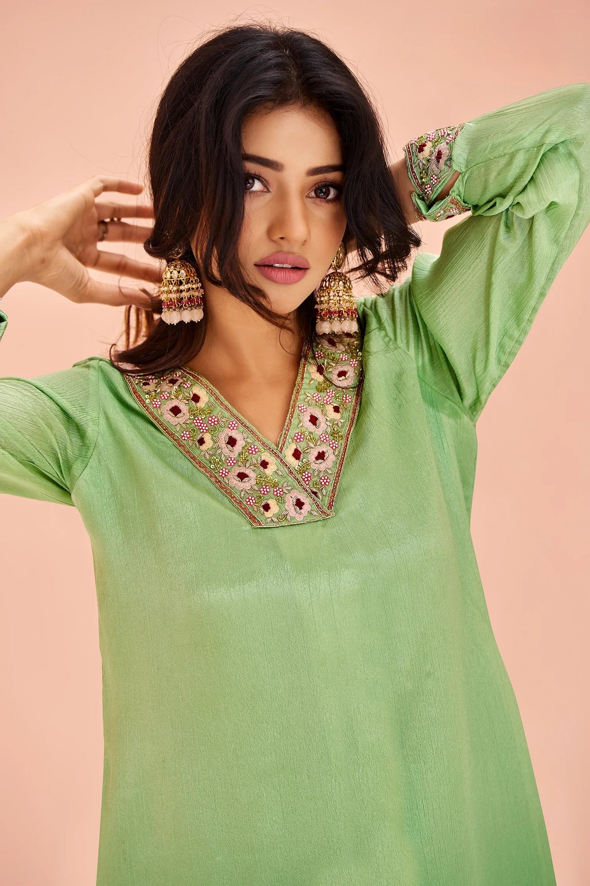 Green Chinon Embroidery Kurti with Pant - green saree embroidery
