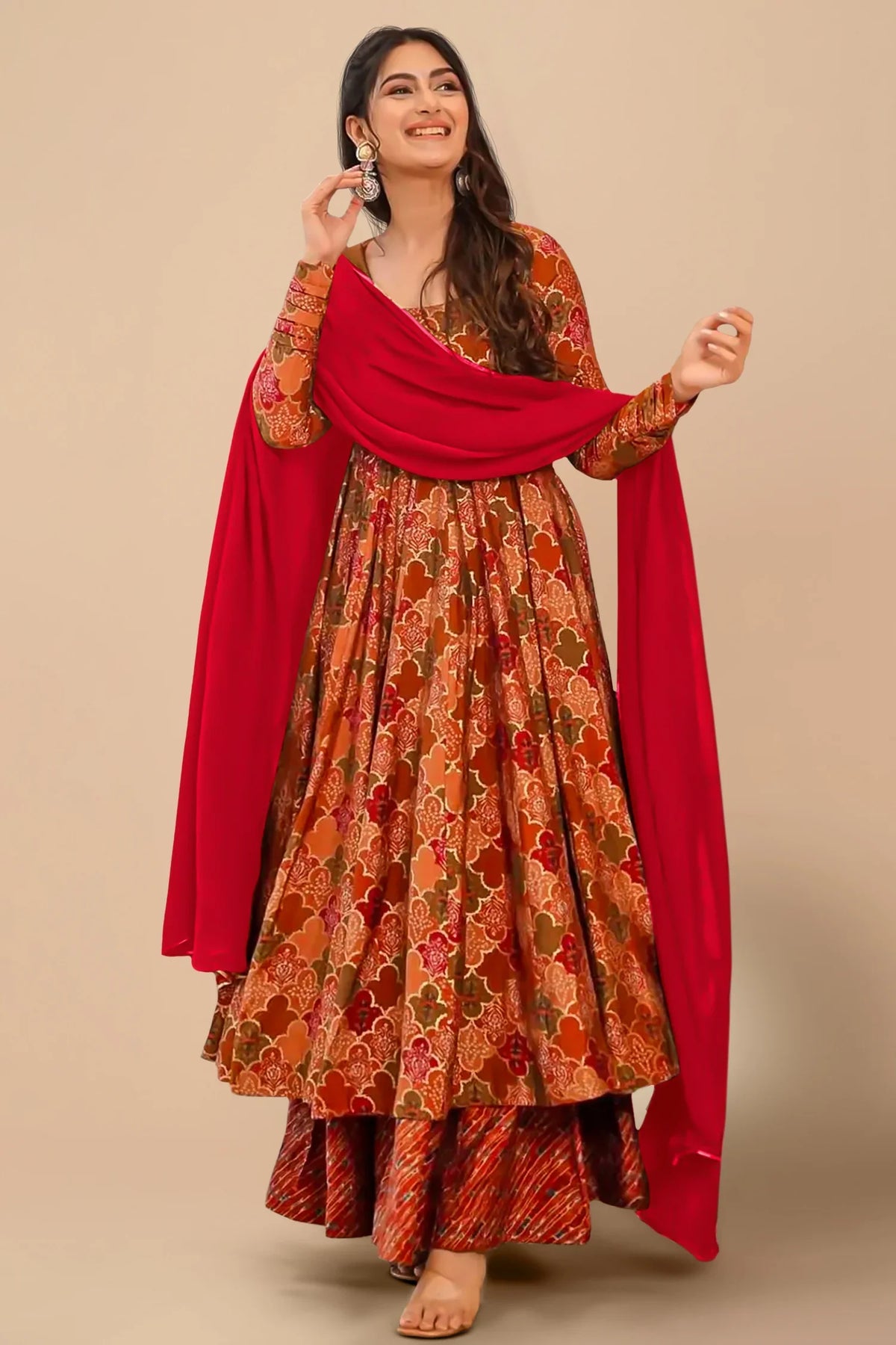 Orange and Pink Muslin Moroccan Printed Anarkali Kurti Set - orange muslin saree