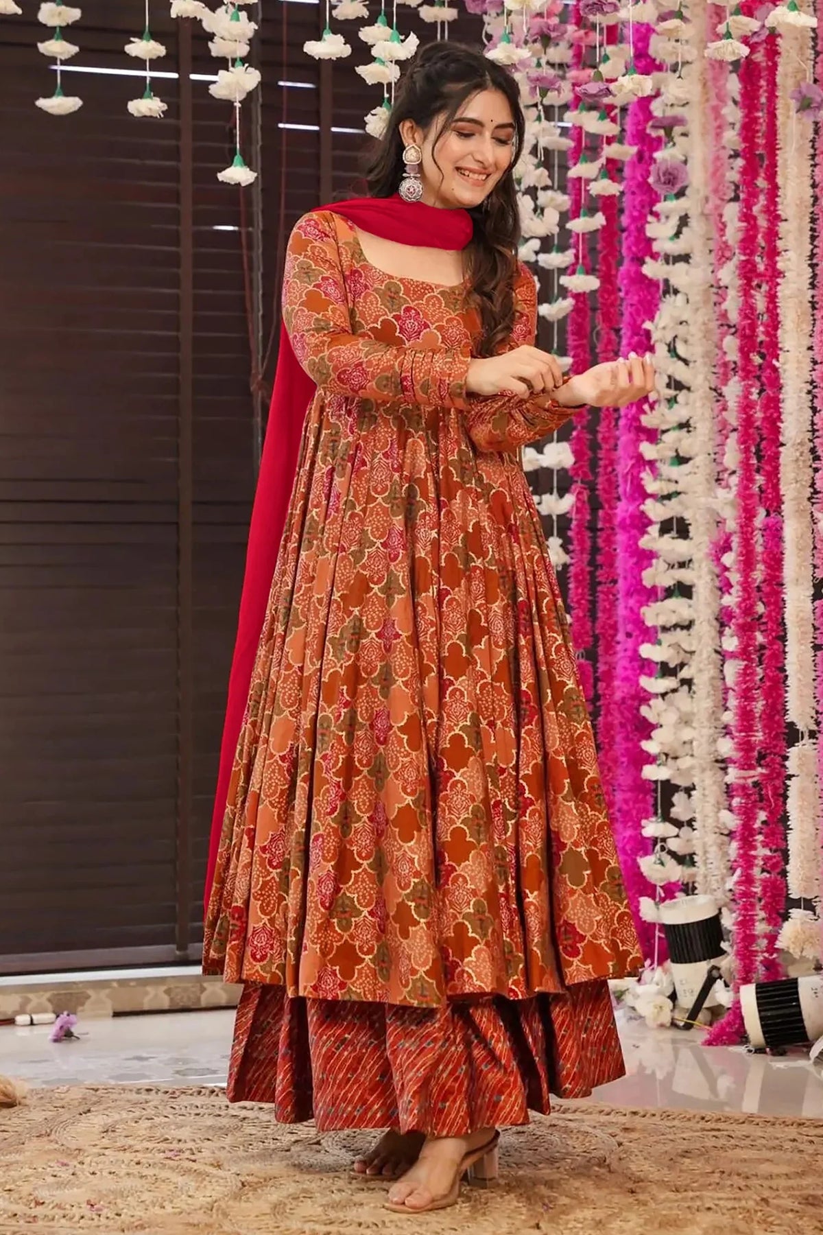 Orange and Pink Muslin Moroccan Printed Anarkali Kurti Set - orange muslin saree