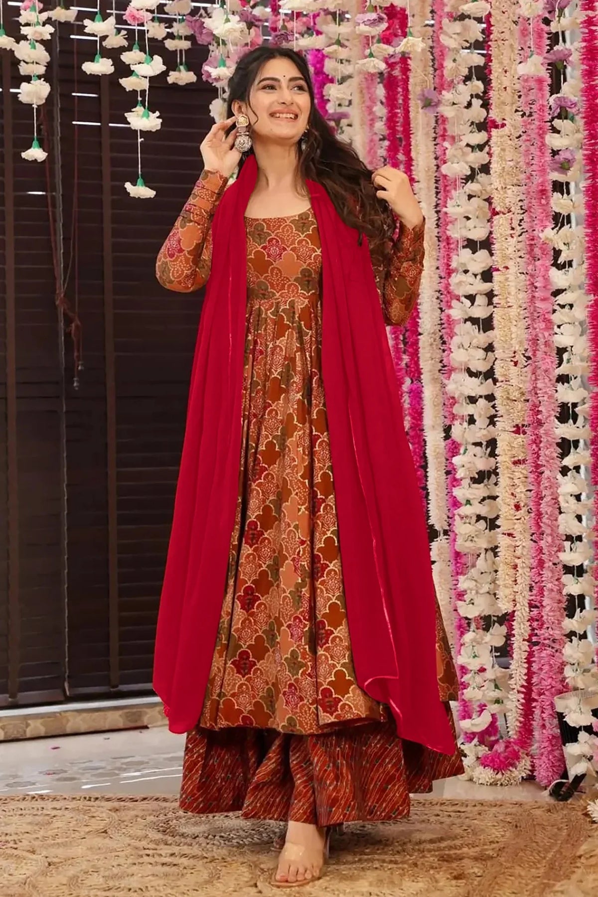 Orange and Pink Muslin Moroccan Printed Anarkali Kurti Set - orange muslin saree