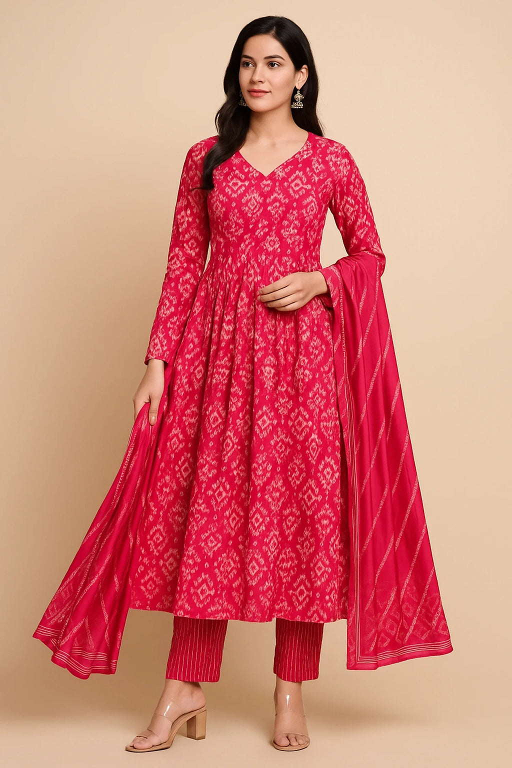 Pink Muslin Printed Anarkali Kurti Set - pink muslin saree