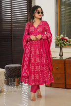 Pink Muslin Printed Anarkali Kurti Set - pink muslin saree