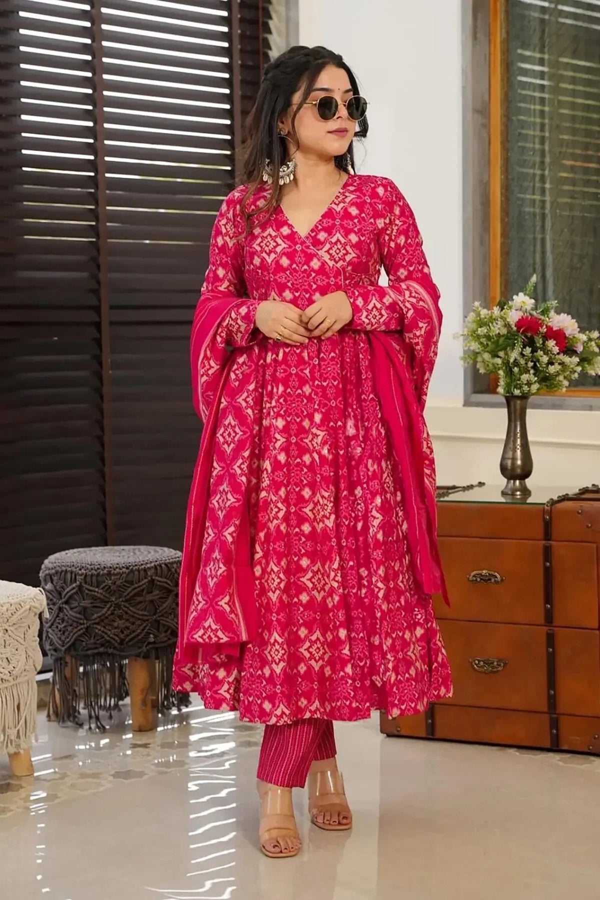 Pink Muslin Printed Anarkali Kurti Set - pink muslin saree