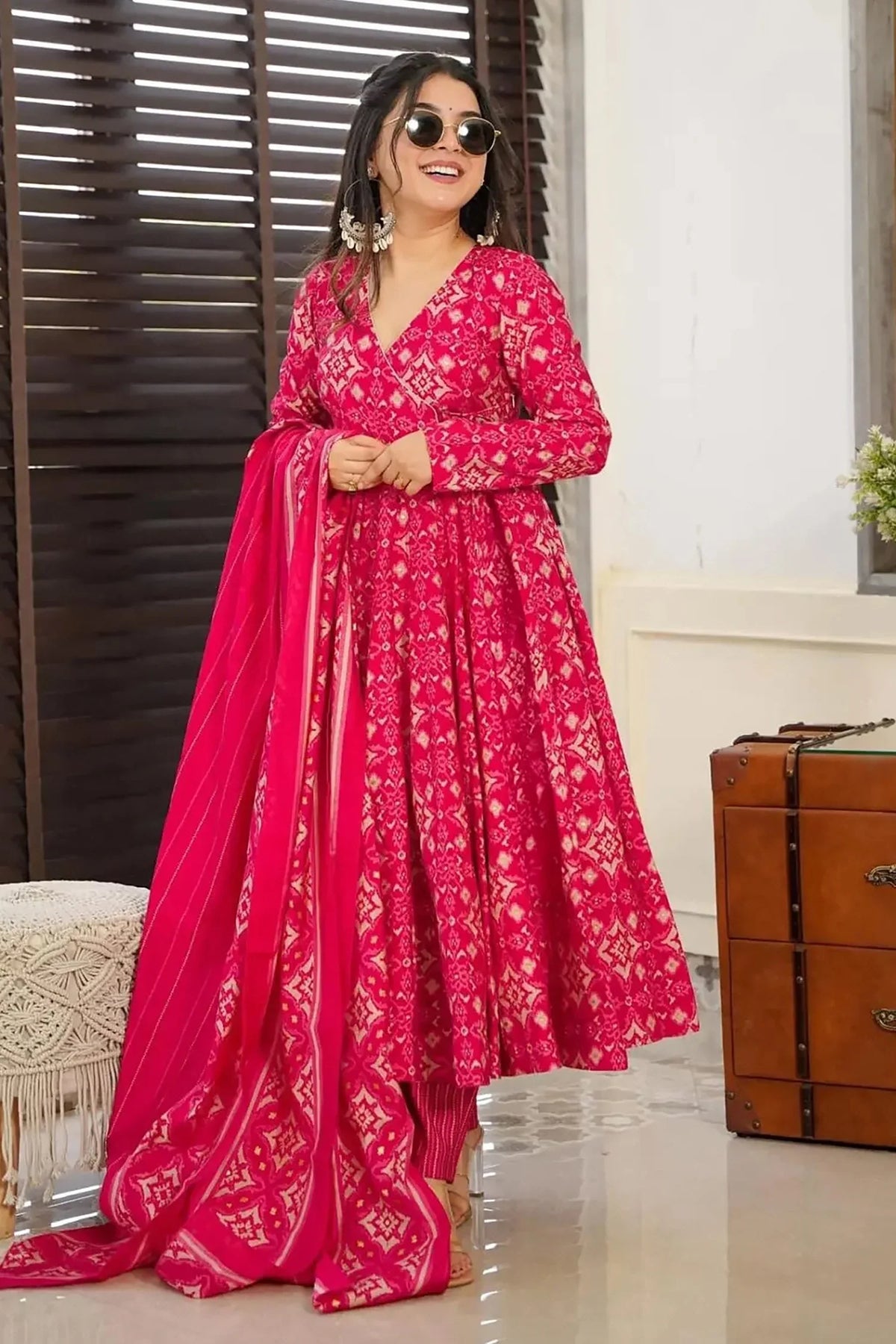 Pink Muslin Printed Anarkali Kurti Set - pink muslin saree