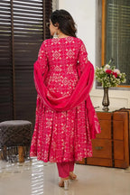 Pink Muslin Printed Anarkali Kurti Set - pink muslin saree