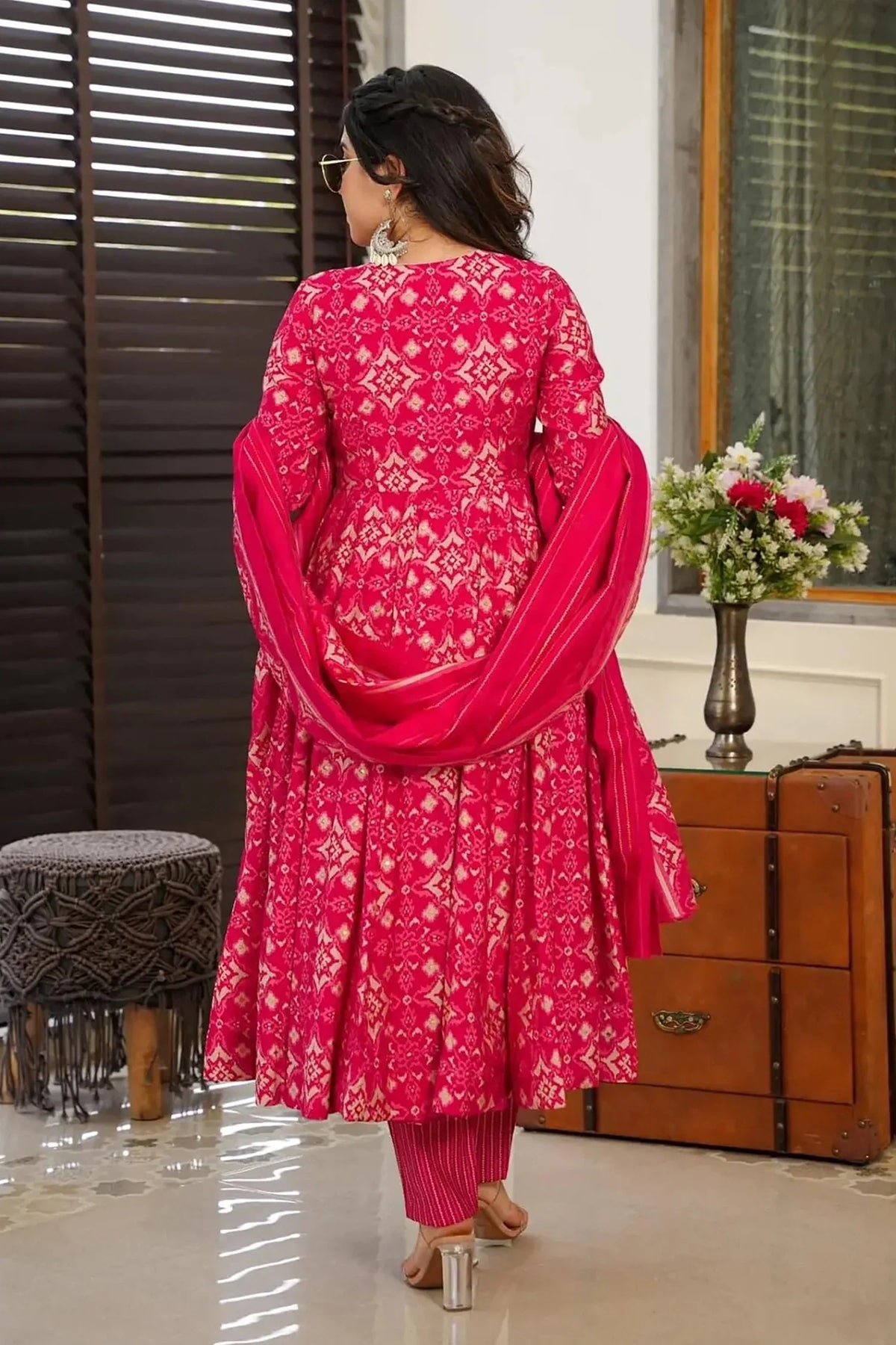 Pink Muslin Printed Anarkali Kurti Set - pink muslin saree