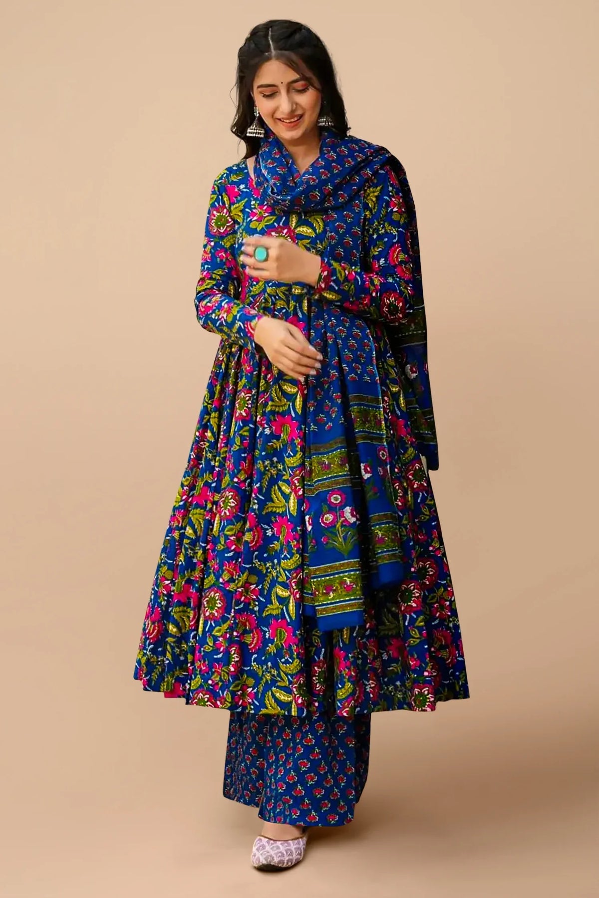 Blue Muslin Printed Anarkali Kurti Set - blue muslin saree