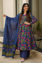 Blue Muslin Printed Anarkali Kurti Set - blue muslin saree