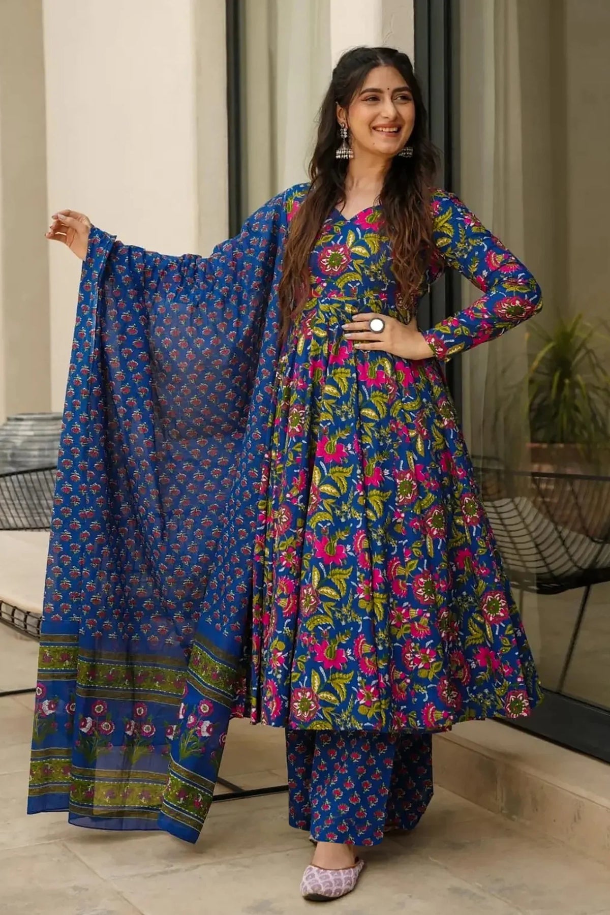 Blue Muslin Printed Anarkali Kurti Set - blue muslin saree