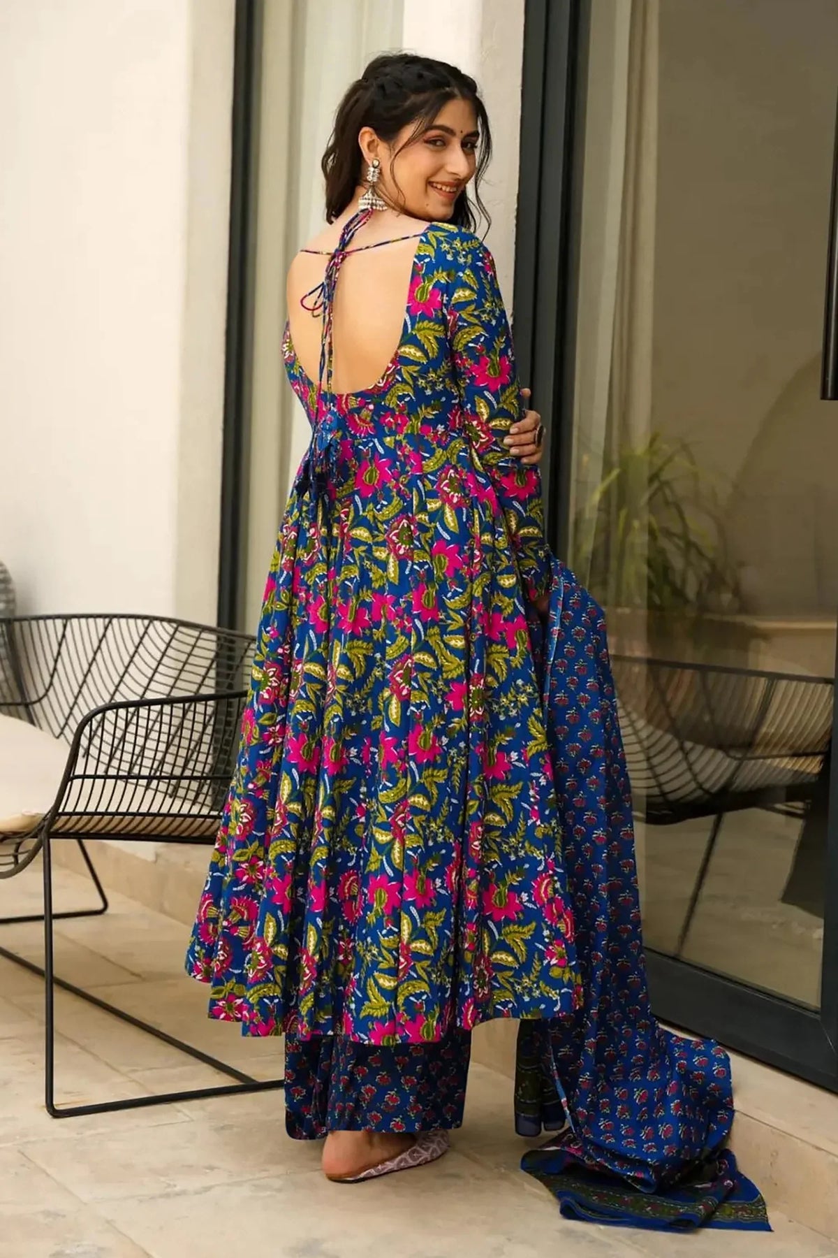 Blue Muslin Printed Anarkali Kurti Set - blue muslin saree