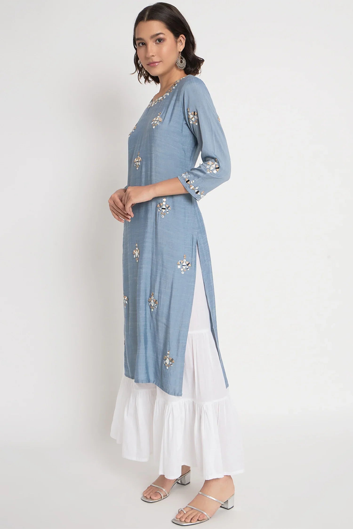 Blue Cotton Mirror Worked Kurti Palazzo