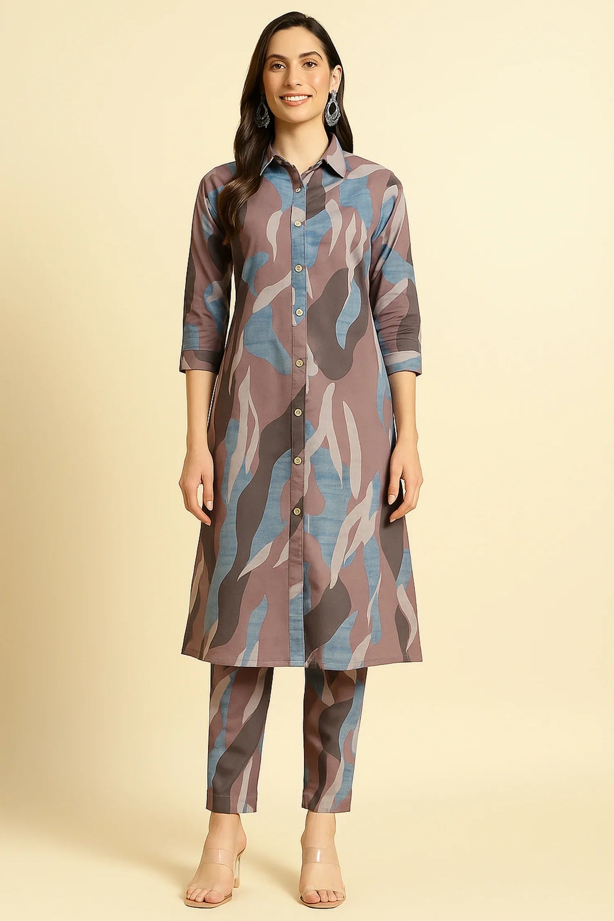 Mauve Cotton Printed Kurti Set