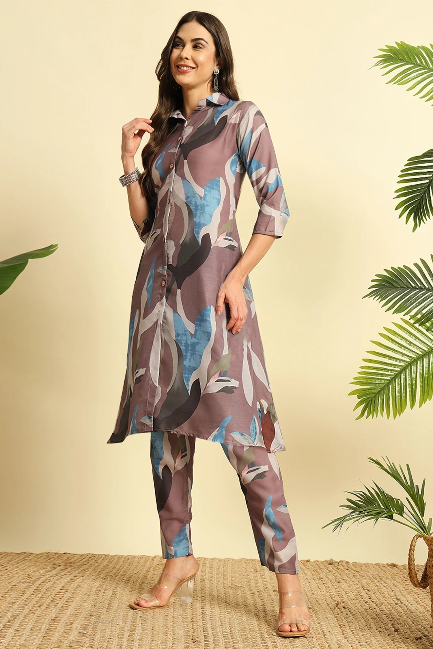 Mauve Cotton Printed Kurti Set