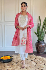Off White Chanderi Embroidered Kurti Set