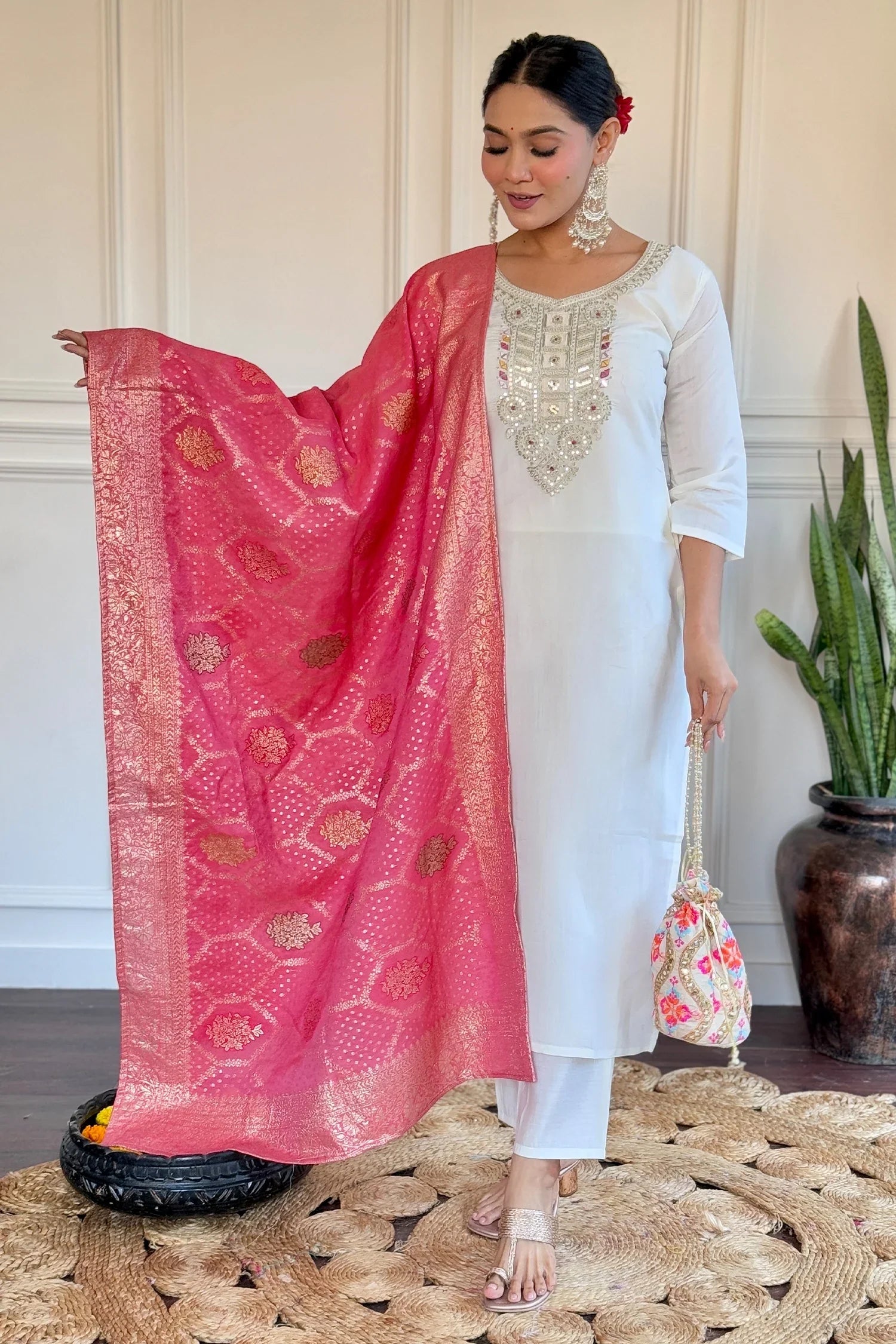 Off White Chanderi Embroidered Kurti Set