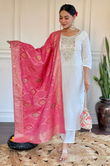 Off White Chanderi Embroidered Kurti Set