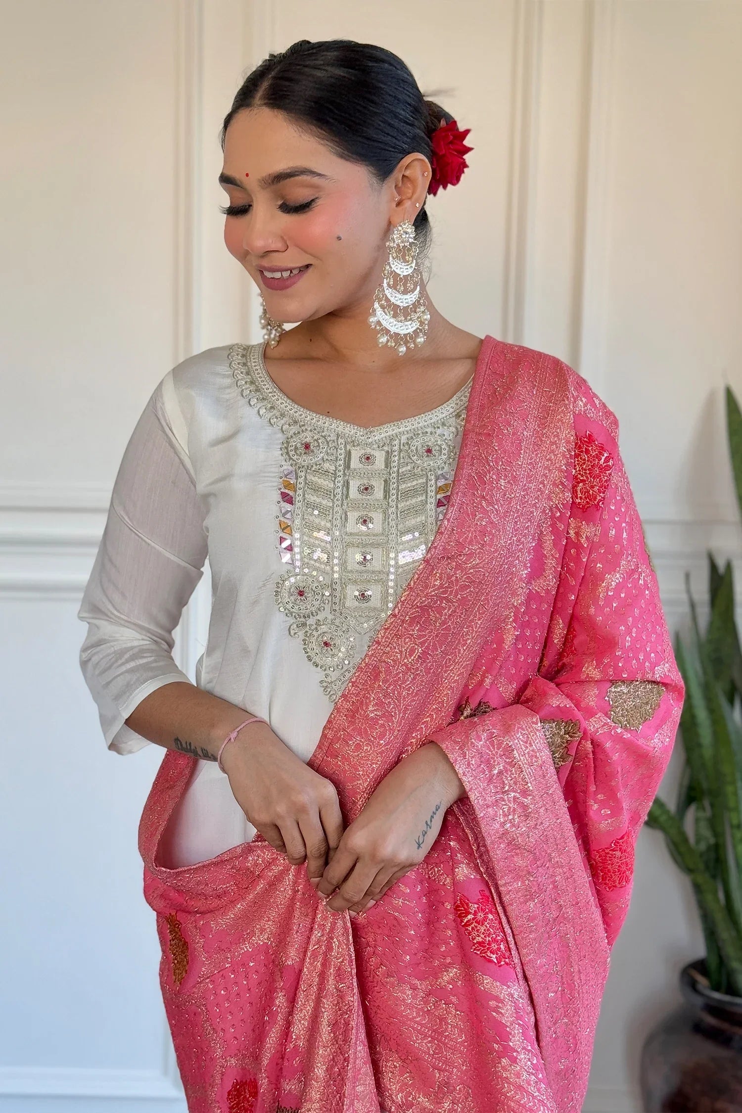 Off White Chanderi Embroidered Kurti Set