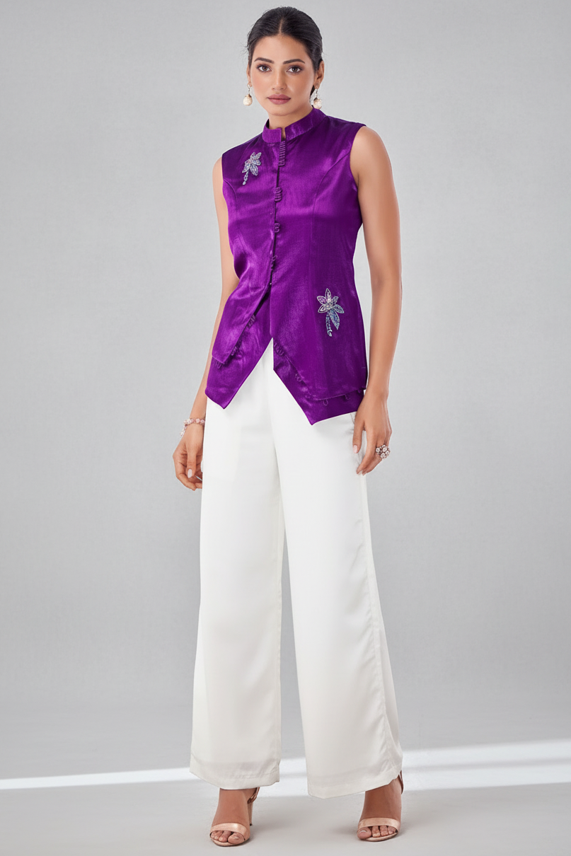 Purple Gaji Silk Stand Neckline Top with Adorned with Intricate Handwork - purple silk saree
